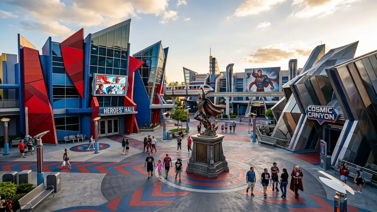 DC Universe themed area with Superman Escape from Krypton tower and Batman coaster at Six Flags Magic Mountain
