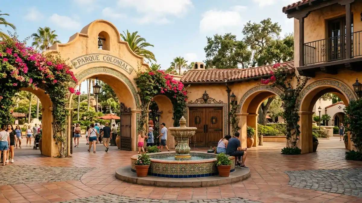 Six Flags Plaza entrance area with Full Throttle roller coaster loop visible at Six Flags Magic Mountain Santa Clarita