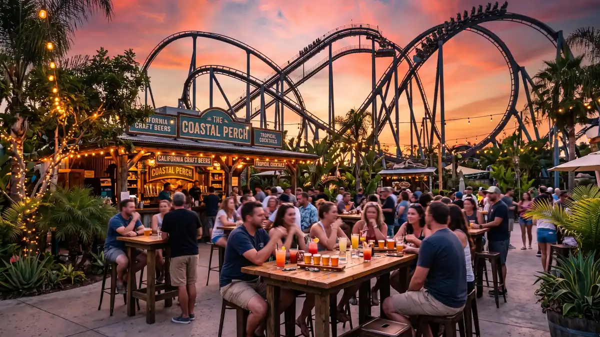 Family dining restaurant with shaded outdoor seating area at Six Flags Magic Mountain Santa Clarita