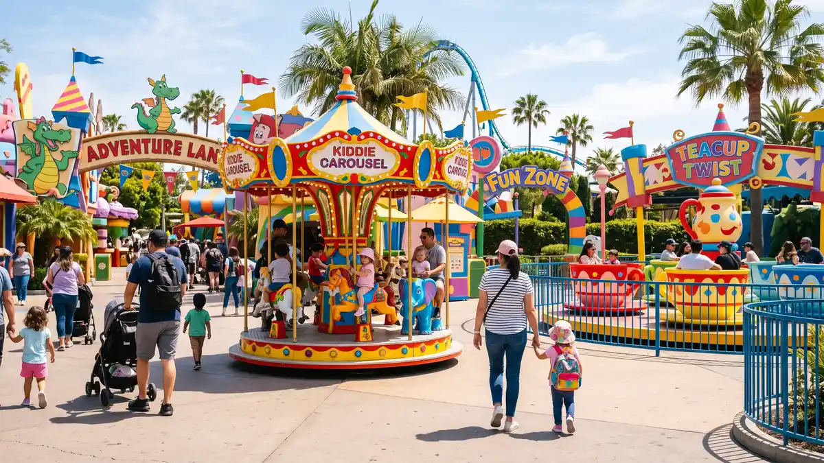 Road Runner Express junior coaster for kids in Bugs Bunny World at Six Flags Magic Mountain