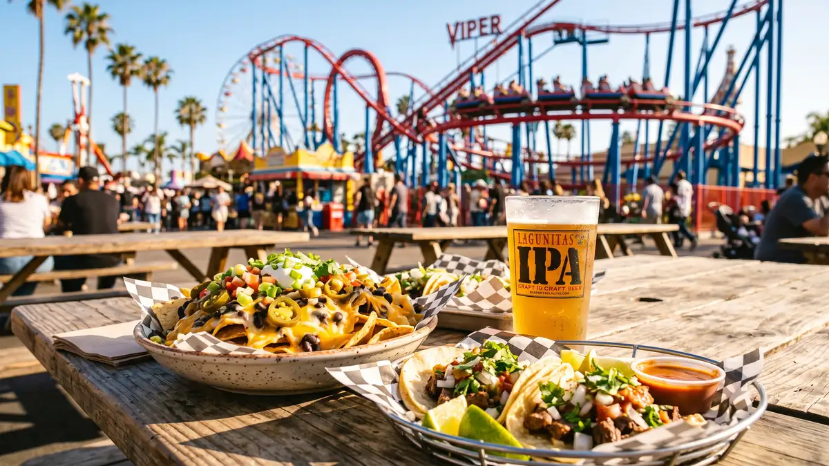 Family enjoying burgers and fries at outdoor dining area with roller coaster views at Six Flags Magic Mountain Santa Clarita California