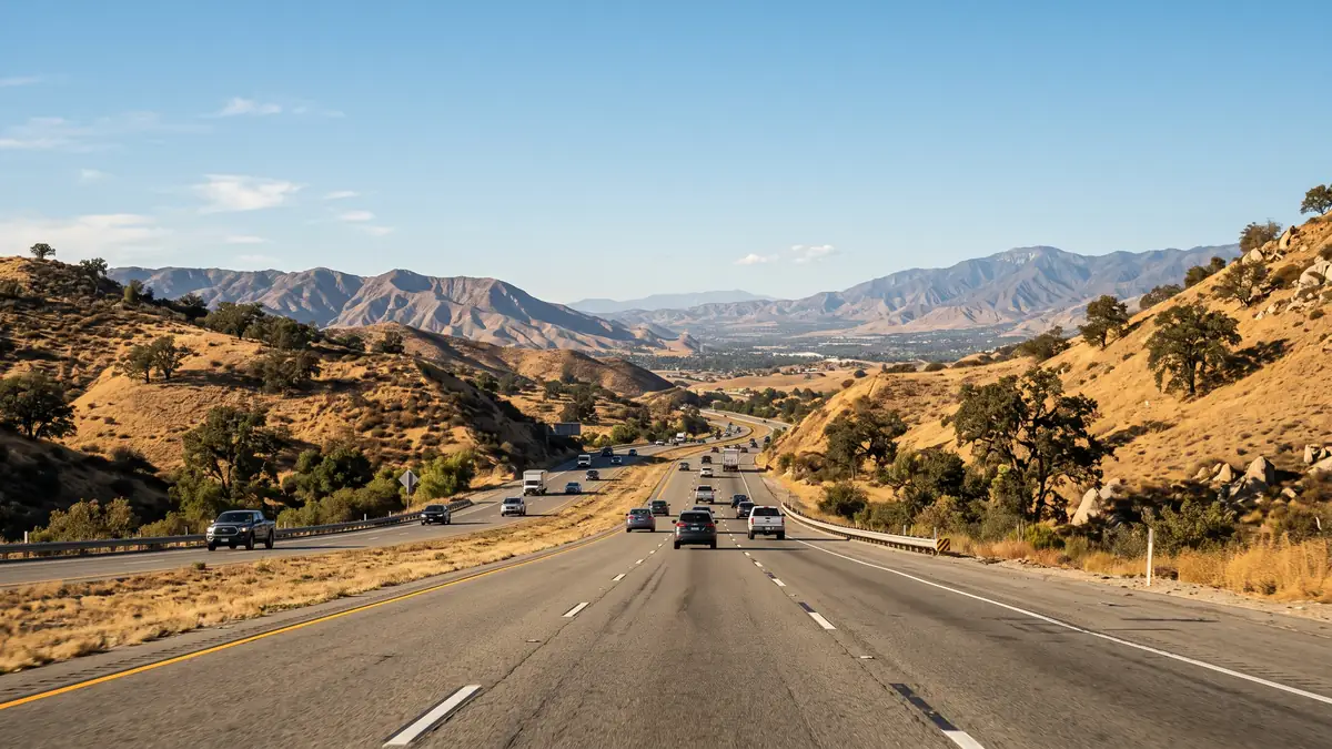 Magic Mountain Parkway freeway exit sign with Six Flags roller coasters visible from Interstate 5 in Santa Clarita California