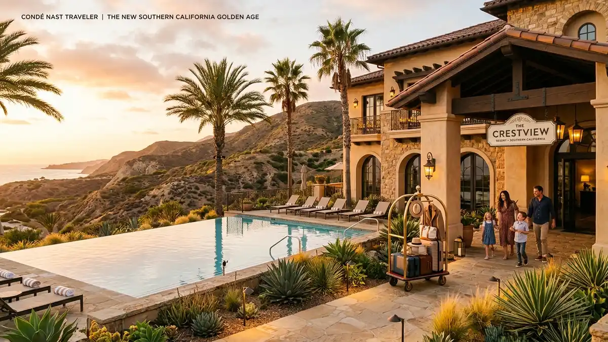 Hyatt Regency Valencia resort pool with palm trees and mountain views near Six Flags Magic Mountain California