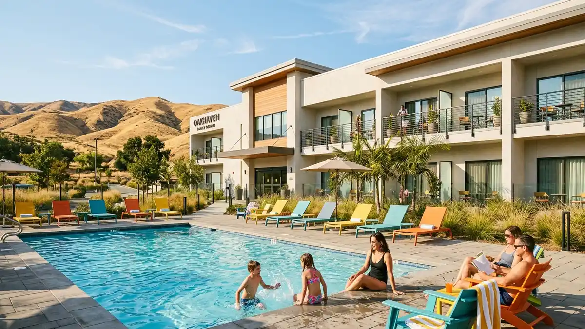 Hampton Inn Santa Clarita exterior with pool and complimentary breakfast near Six Flags Magic Mountain