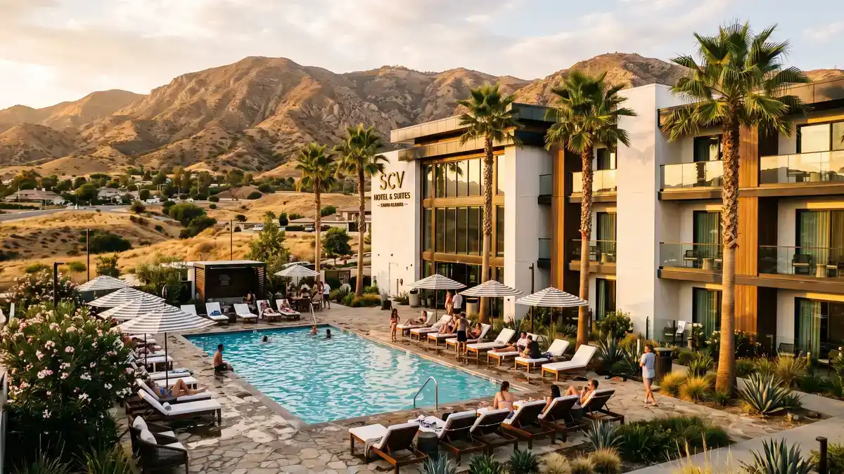 Hyatt Regency Valencia hotel exterior with pool and mountain views near Six Flags Magic Mountain Santa Clarita California