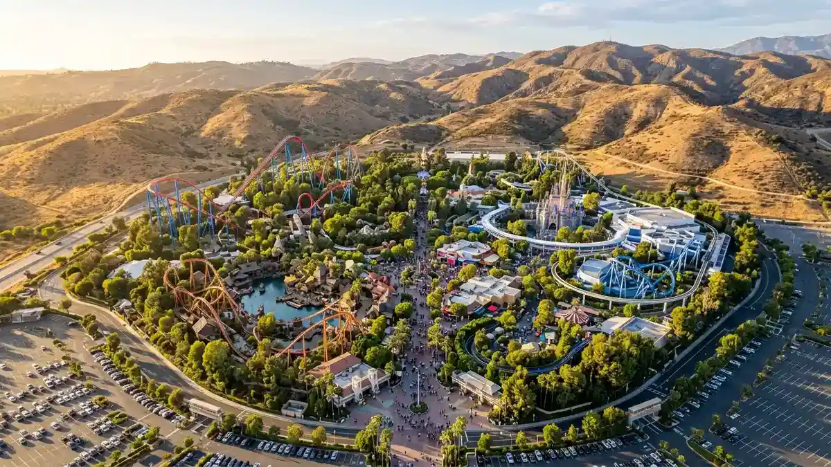 Aerial overview of Six Flags Magic Mountain showing hilly terrain with roller coasters spread across the Santa Clarita hillside