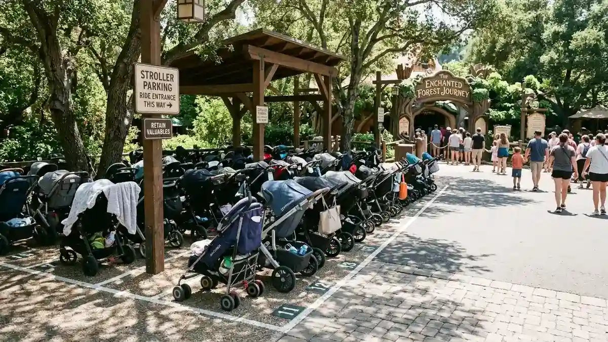 Stroller parking area near ride entrance on the midway at Six Flags Magic Mountain Santa Clarita California