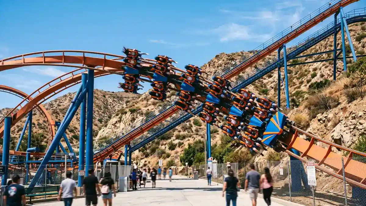 Twisted Colossus double-track roller coaster towering over the park at Six Flags Magic Mountain Santa Clarita California at sunset