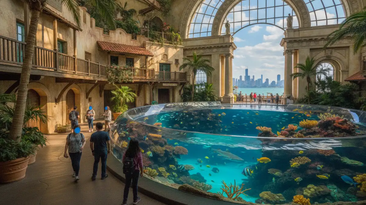 Caribbean Reef centerpiece exhibit with circular viewing windows in Shedd Aquarium rotunda Chicago