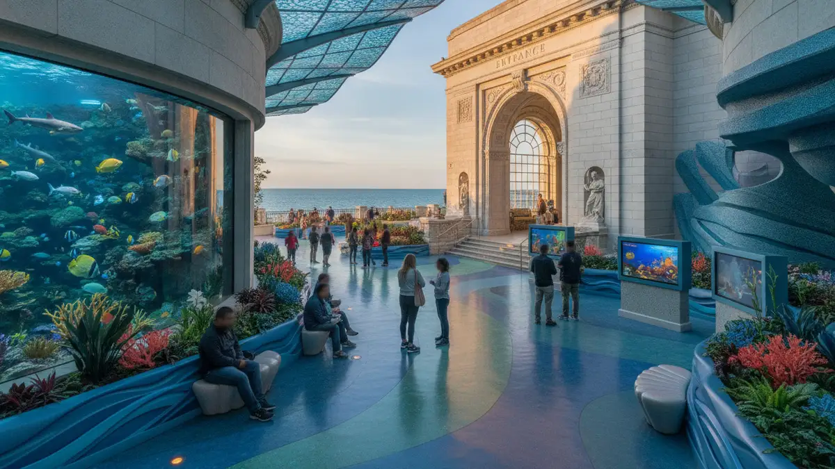 Shedd Aquarium main entrance rotunda with families at ticket counters in Beaux-Arts lobby Chicago