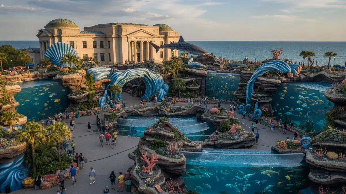 Abbott Oceanarium with beluga whales visible through underwater viewing windows at Shedd Aquarium Chicago