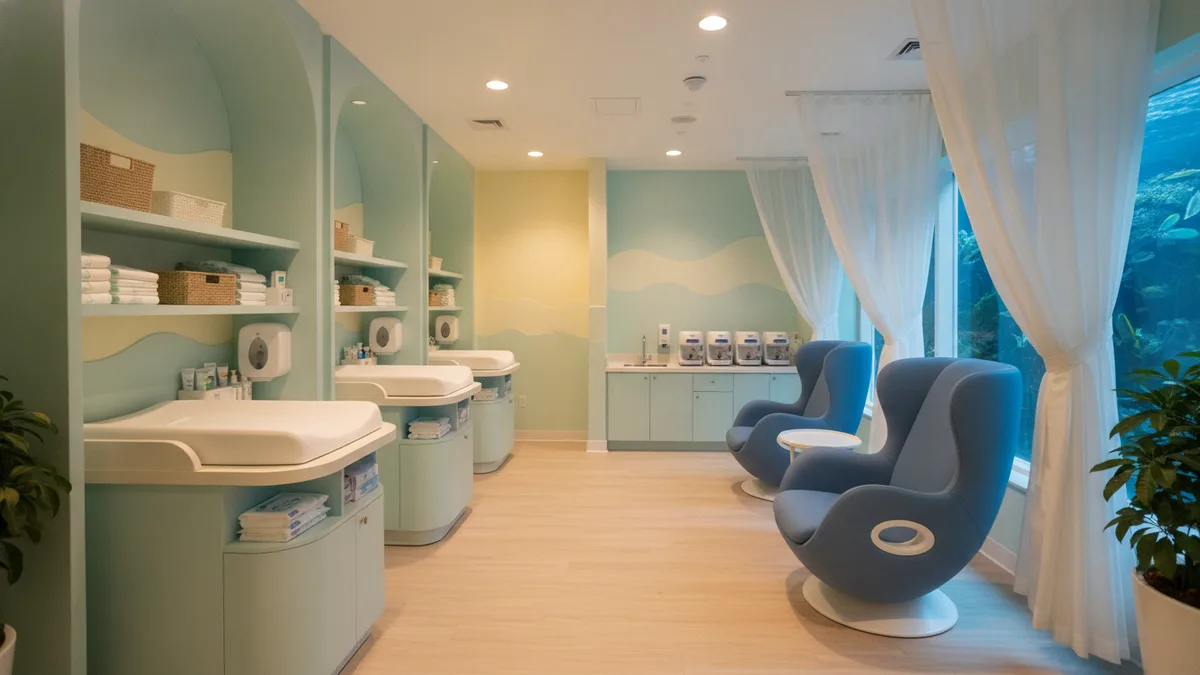 Family restroom facilities with changing station inside Shedd Aquarium Chicago Museum Campus