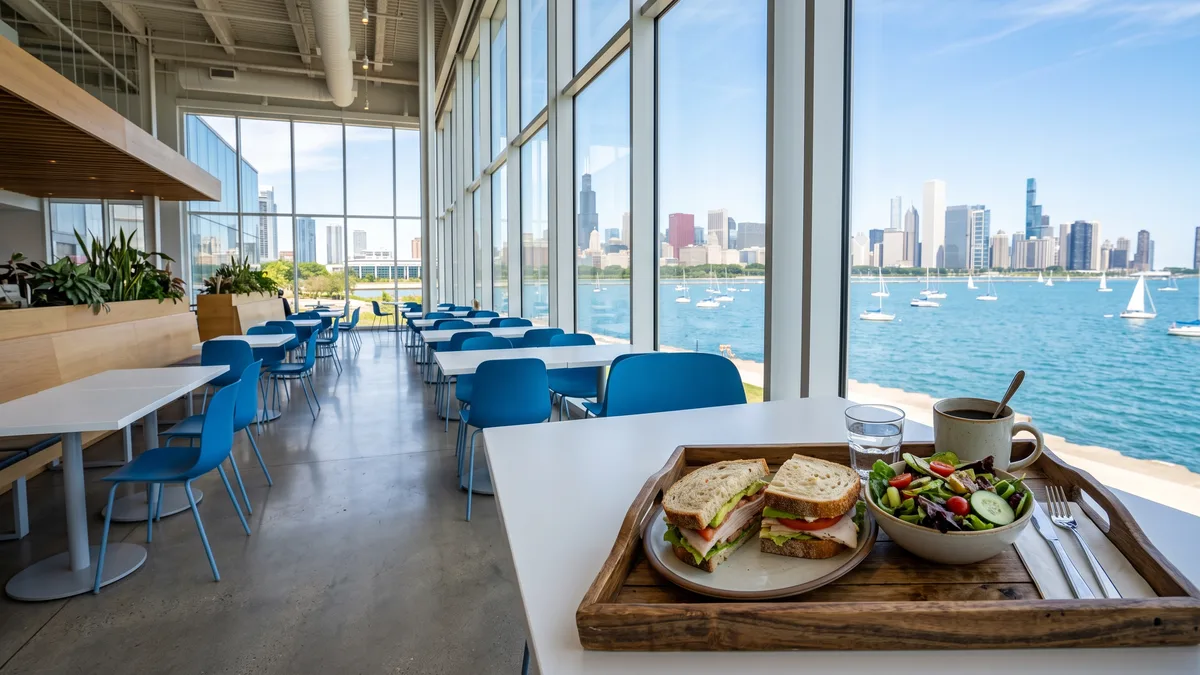 Family enjoying lunch at Soundings Cafe with Lake Michigan views inside Shedd Aquarium Chicago
