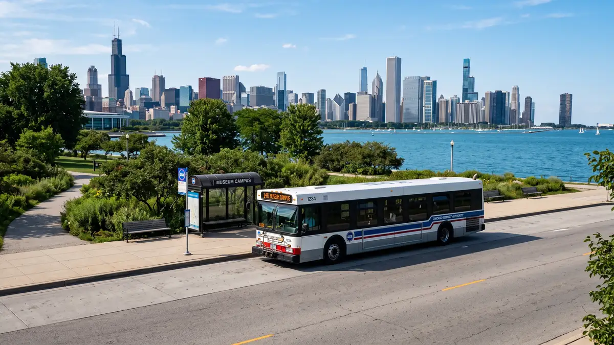 Museum Campus Drive approach to Shedd Aquarium with Chicago skyline and Lake Michigan in background