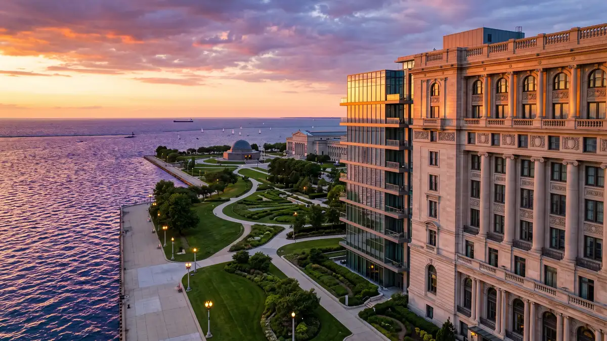 Chicago skyline and lakefront hotels near Museum Campus with Lake Michigan and Shedd Aquarium in view