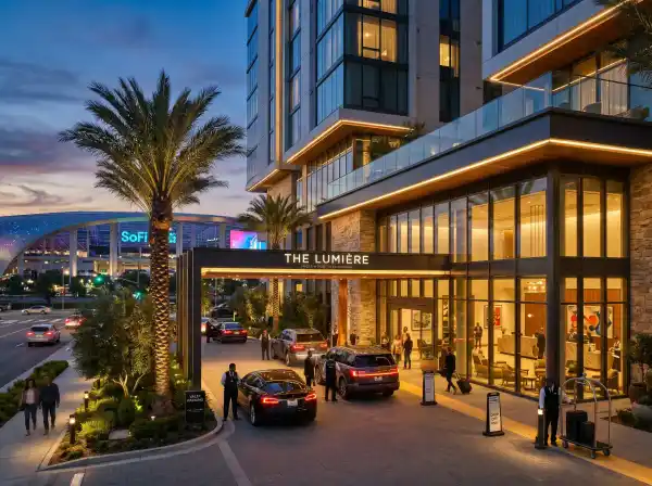 Hotel entrance near SoFi Stadium in Inglewood at dusk