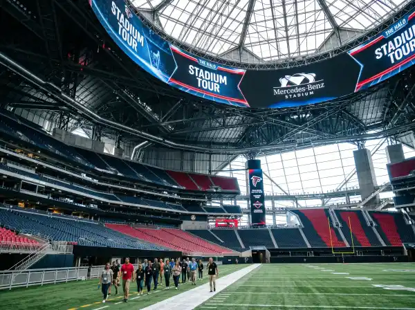 Inside SoFi Stadium during a stadium tour showing the massive bowl and translucent roof