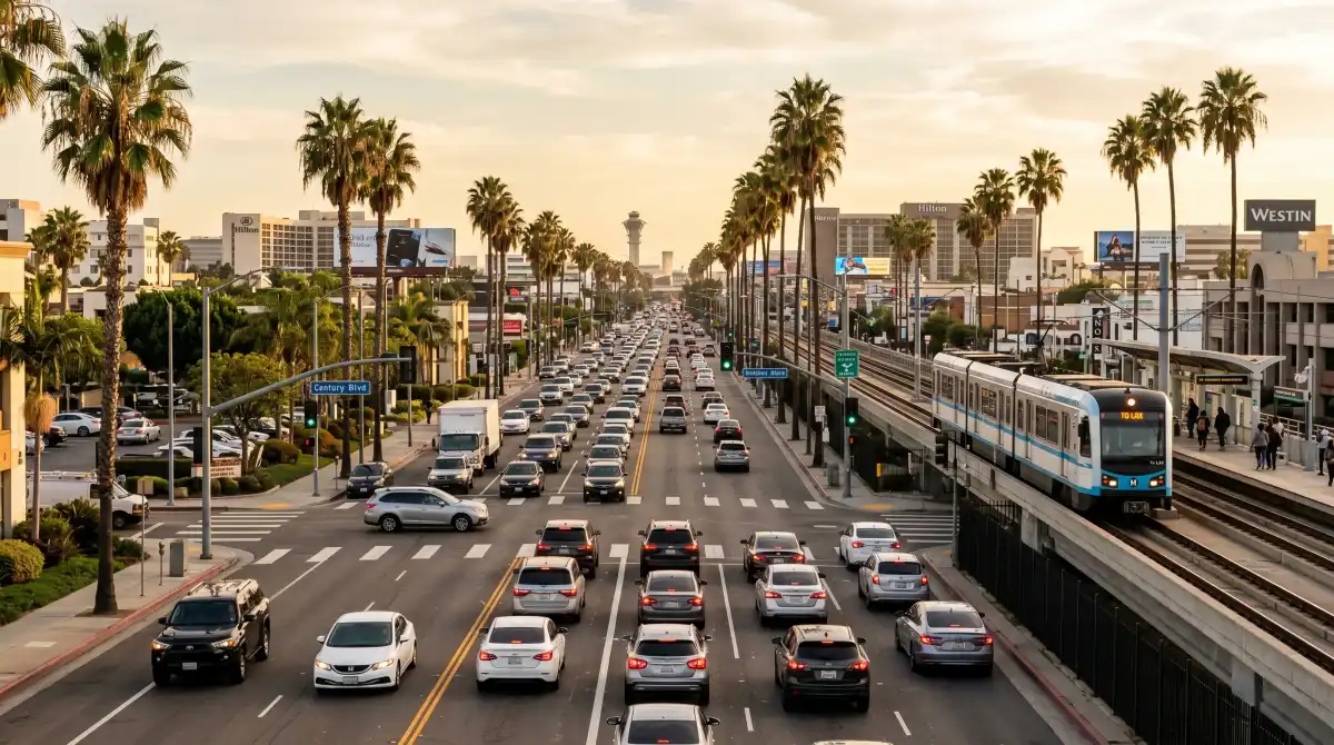Los Angeles area highway and transit scene near Inglewood with palm trees and urban traffic