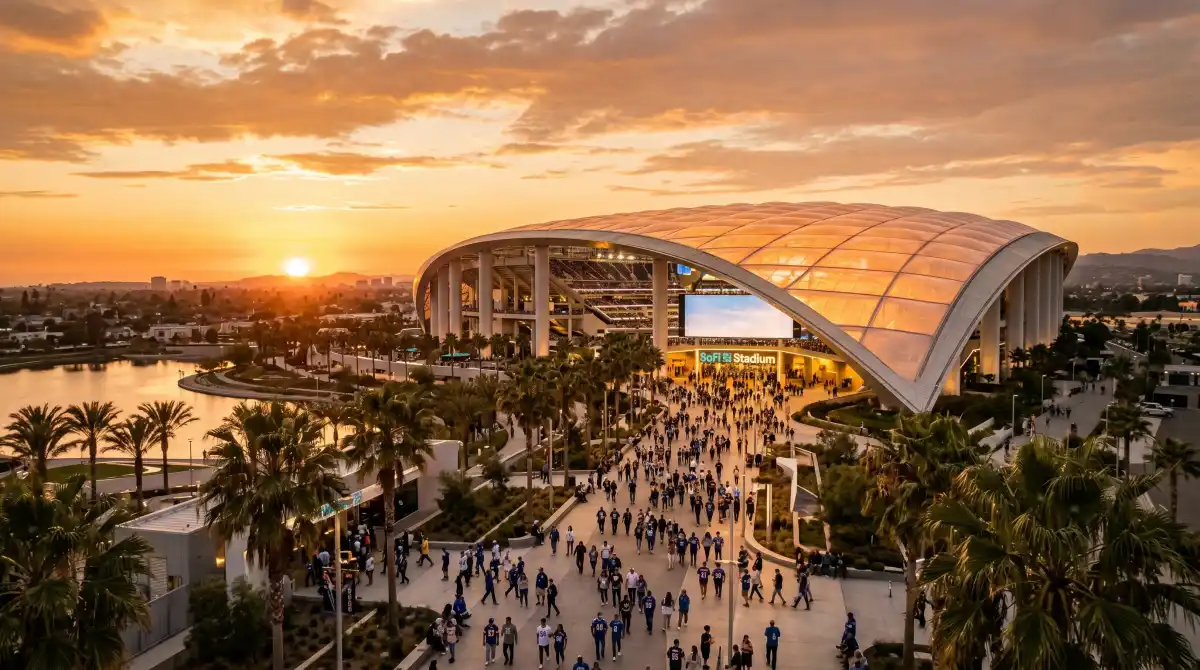 SoFi Stadium in Inglewood at golden hour with its translucent ETFE canopy roof glowing in warm sunset light and fans walking toward the venue