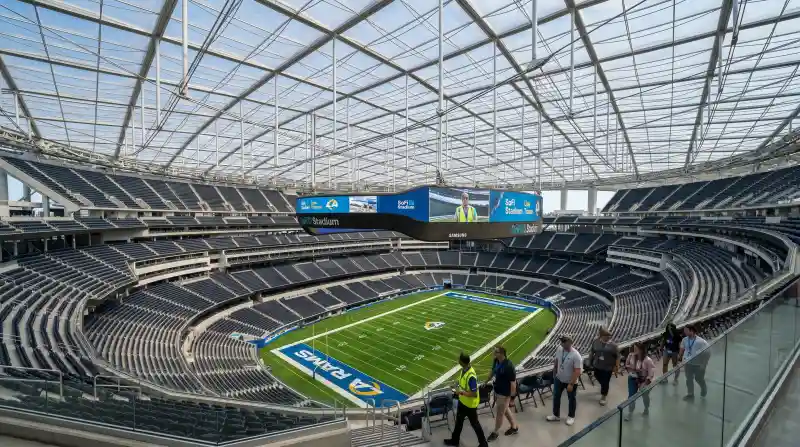 Inside SoFi Stadium massive bowl showing the curved translucent roof canopy and multi-level seating