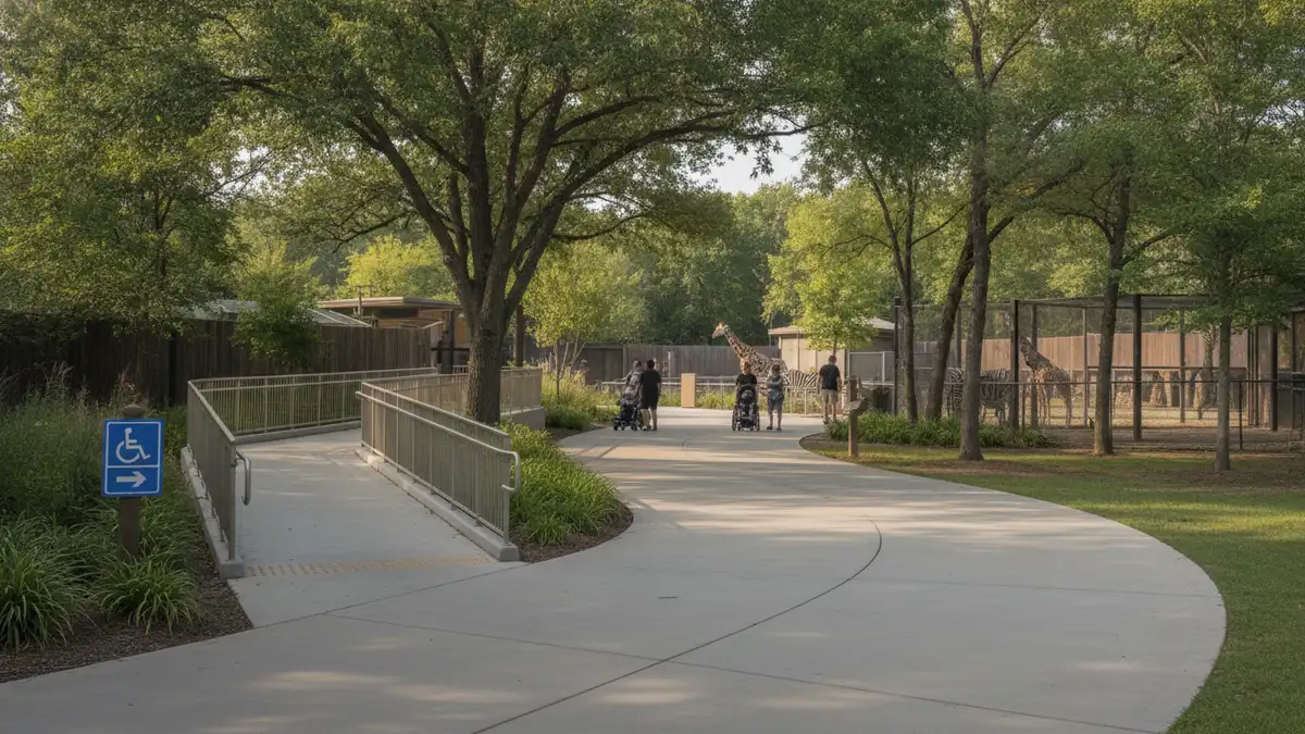Wide flat paved pathway with accessible access through tree-lined exhibits at the St. Louis Zoo in Forest Park Missouri