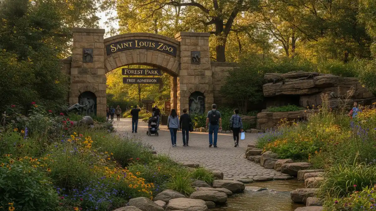 North Entrance plaza with free parking lot and families walking into the St. Louis Zoo Forest Park