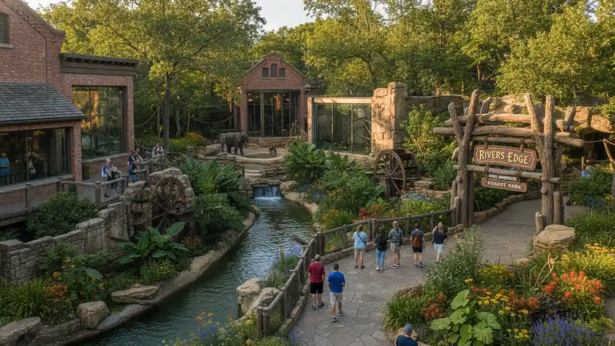 River's Edge exhibit with elephant viewing area and naturalistic river habitat at the St. Louis Zoo Missouri