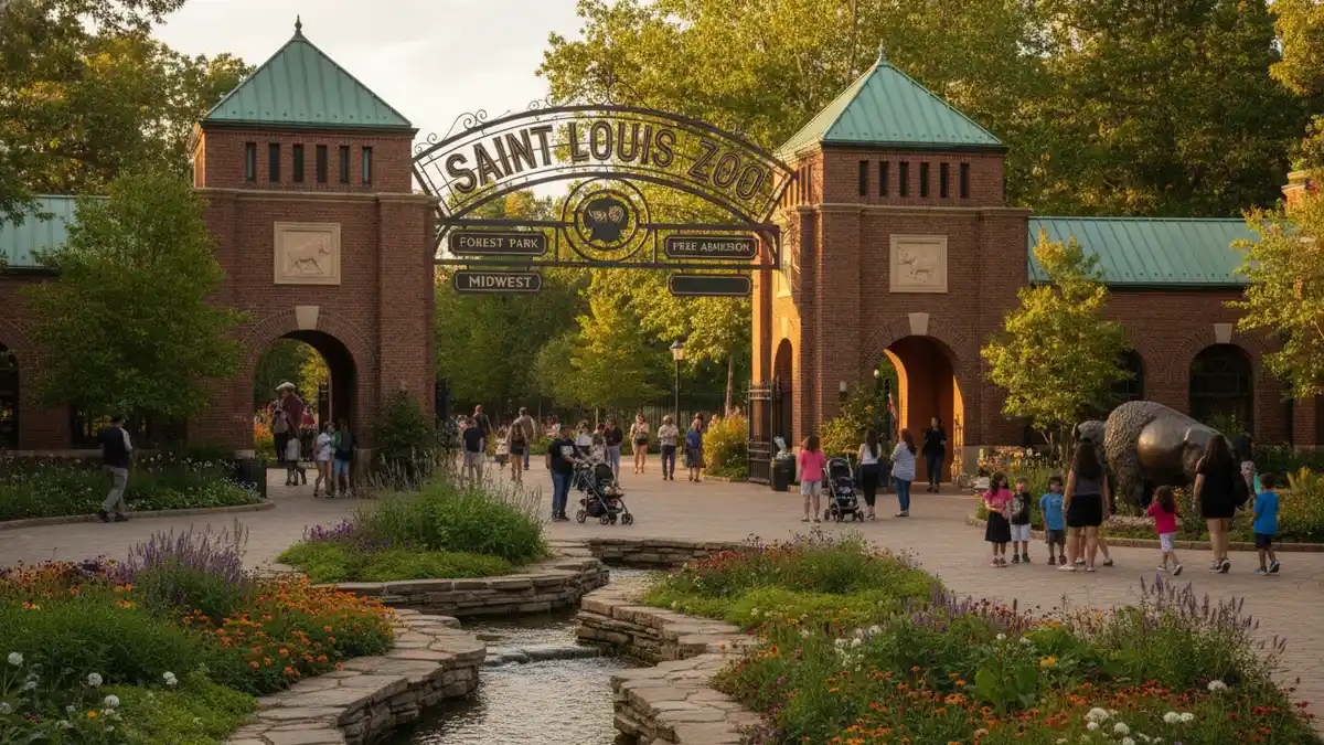South Entrance plaza with Living World building and families entering the St. Louis Zoo in Forest Park Missouri