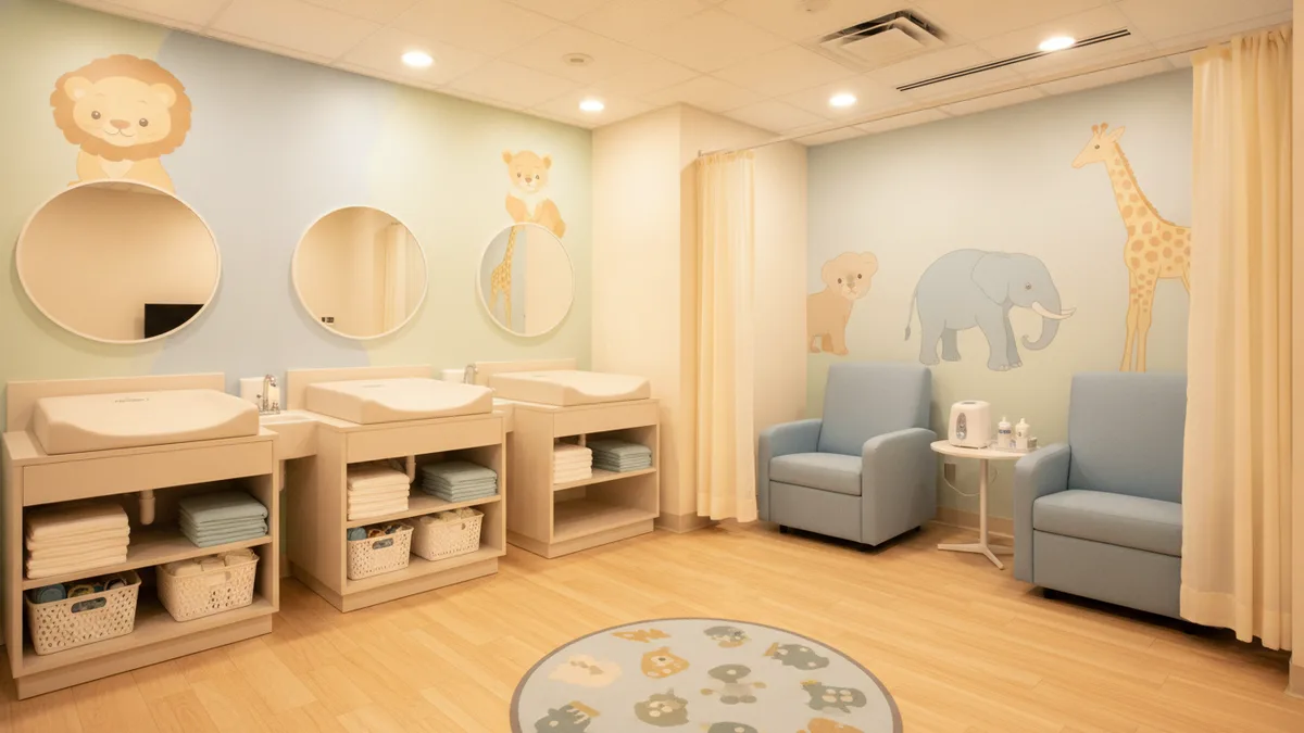 Baby Care Center entrance near Emerson Children's Zoo with families resting at the St. Louis Zoo in Forest Park Missouri