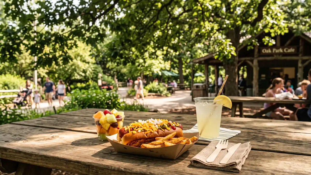 Outdoor dining area with families enjoying lunch under shade trees overlooking lake at the St. Louis Zoo Forest Park