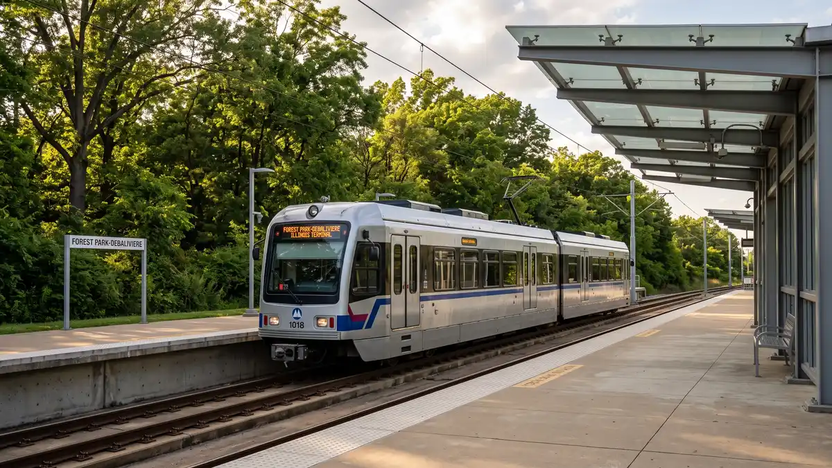 Forest Park entrance drive with families arriving at the St. Louis Zoo with MetroLink sign visible in St. Louis Missouri