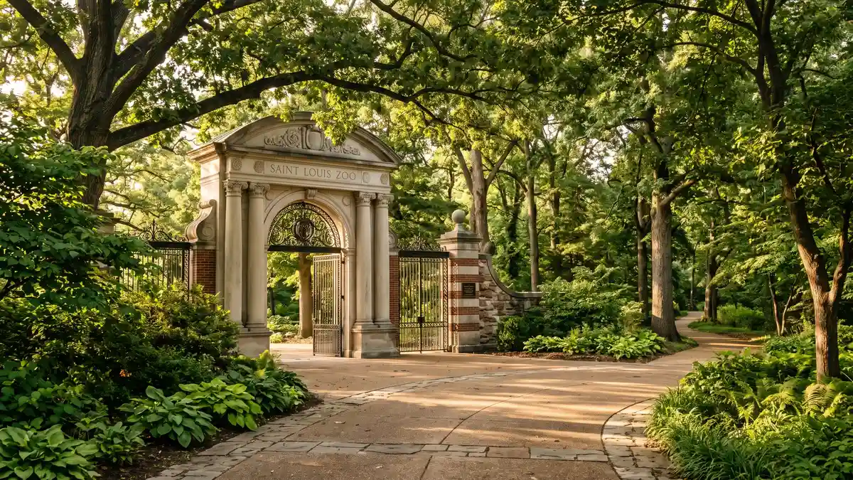 St. Louis Zoo main entrance with families walking through tree-lined pathway into Forest Park in St. Louis Missouri