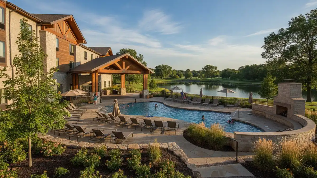 Drury Inn Forest Park exterior with evening kickback reception and pool near the St. Louis Zoo Missouri