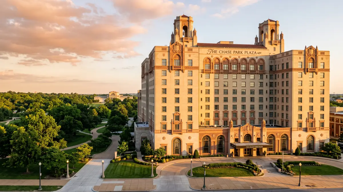 Chase Park Plaza hotel exterior with Forest Park views and luxury amenities near the St. Louis Zoo in St. Louis Missouri