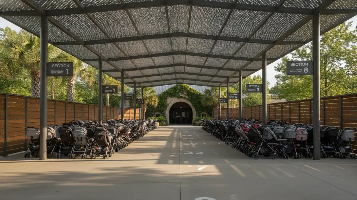 Stroller parking area near exhibit entrance with families and children at the St. Louis Zoo in Forest Park Missouri