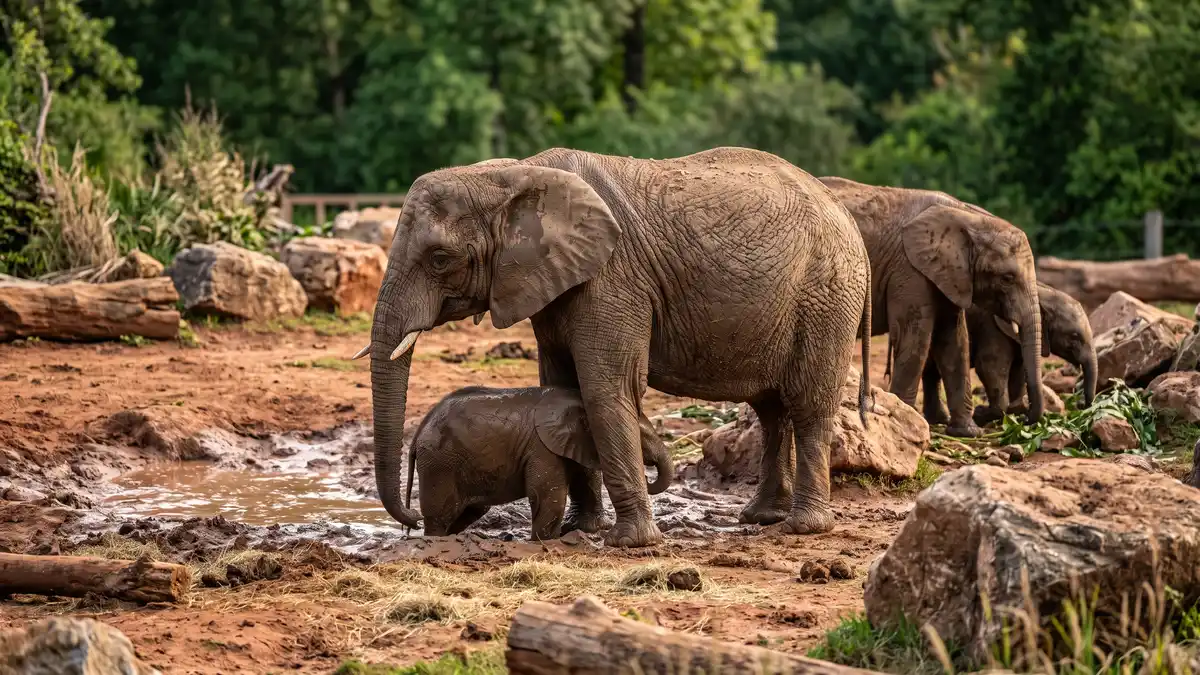 Families walking through lush forested pathways past animal exhibits at the St. Louis Zoo in Forest Park Missouri