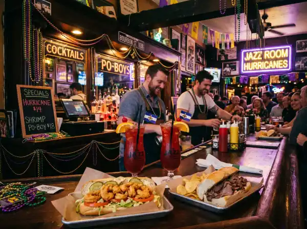 New Orleans cocktail bar with hurricane drinks and French Quarter atmosphere