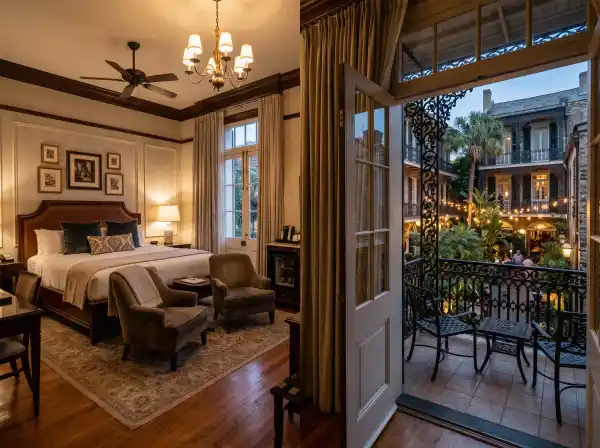 French Quarter boutique hotel with wrought-iron balconies and gas lanterns in New Orleans