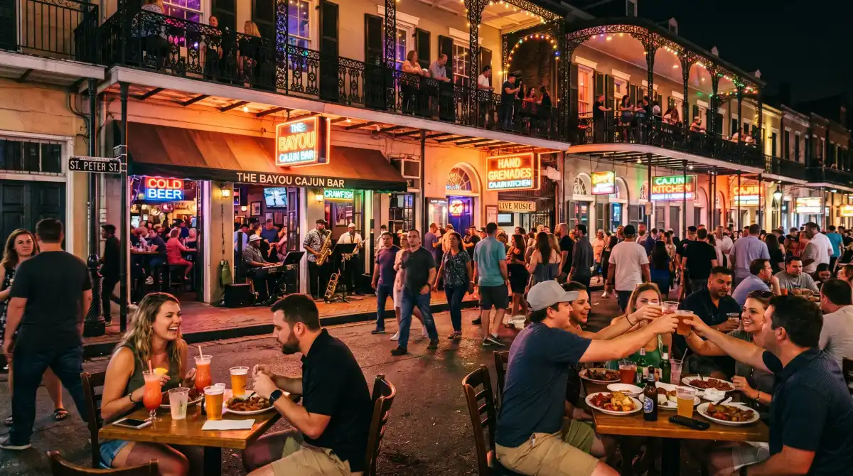 Bourbon Street bar scene in the French Quarter of New Orleans at night with neon signs and outdoor dining