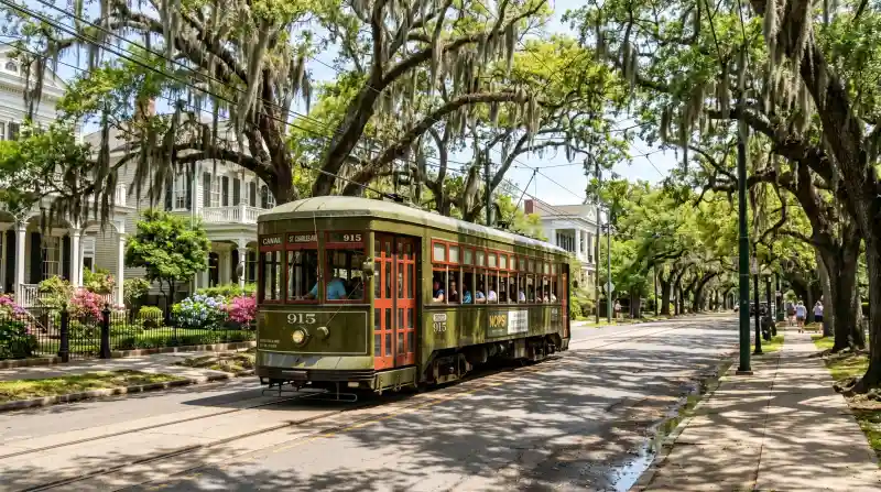New Orleans streetcar on St. Charles Avenue with oak trees and Spanish moss