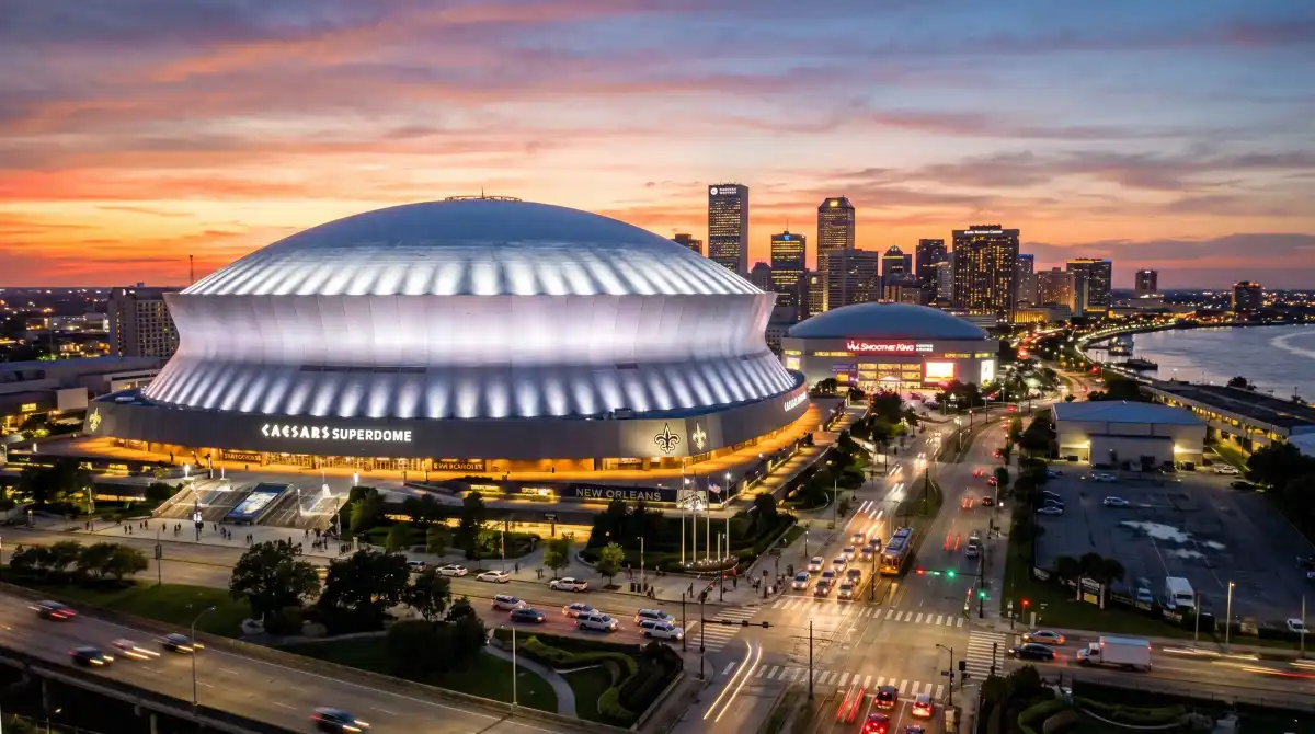 The Caesars Superdome in New Orleans at dusk with the downtown skyline in the background