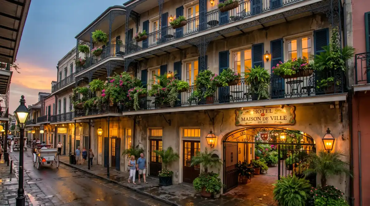 French Quarter boutique hotel with wrought-iron balconies and courtyard in New Orleans