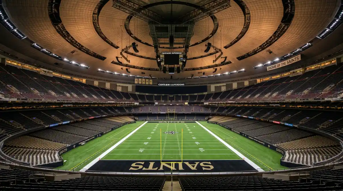 Inside the Caesars Superdome looking across the football field toward the far end zone with the domed ceiling above