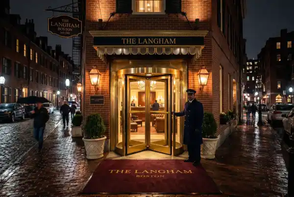 Upscale Boston hotel entrance at night with warm brick facade