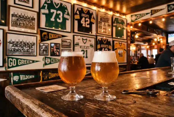Two craft beers on a dark wooden bar with Boston sports memorabilia
