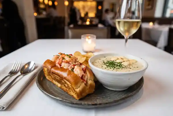 New England lobster roll and clam chowder at a Boston restaurant