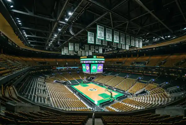 Interior of TD Garden showing the basketball court and championship banners