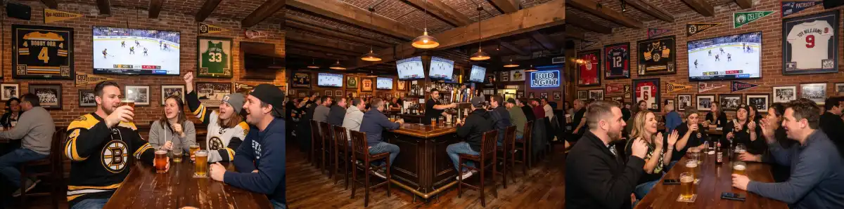 Lively Boston sports bar interior with craft beers and TV screens showing hockey