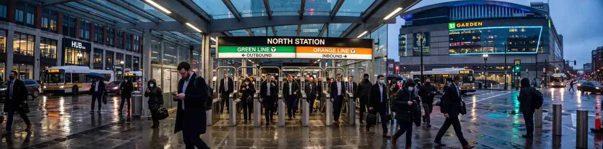 North Station MBTA entrance with commuters and TD Garden in the background