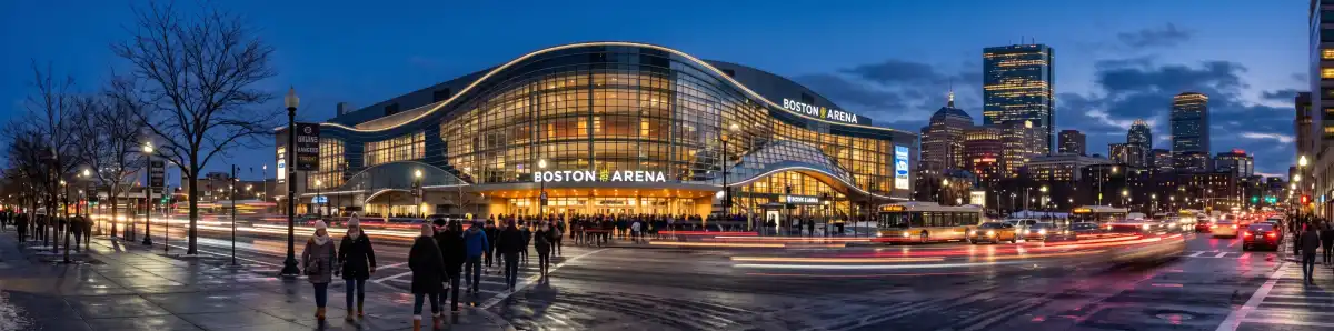 TD Garden arena exterior at dusk with Causeway Street and Boston skyline in the background